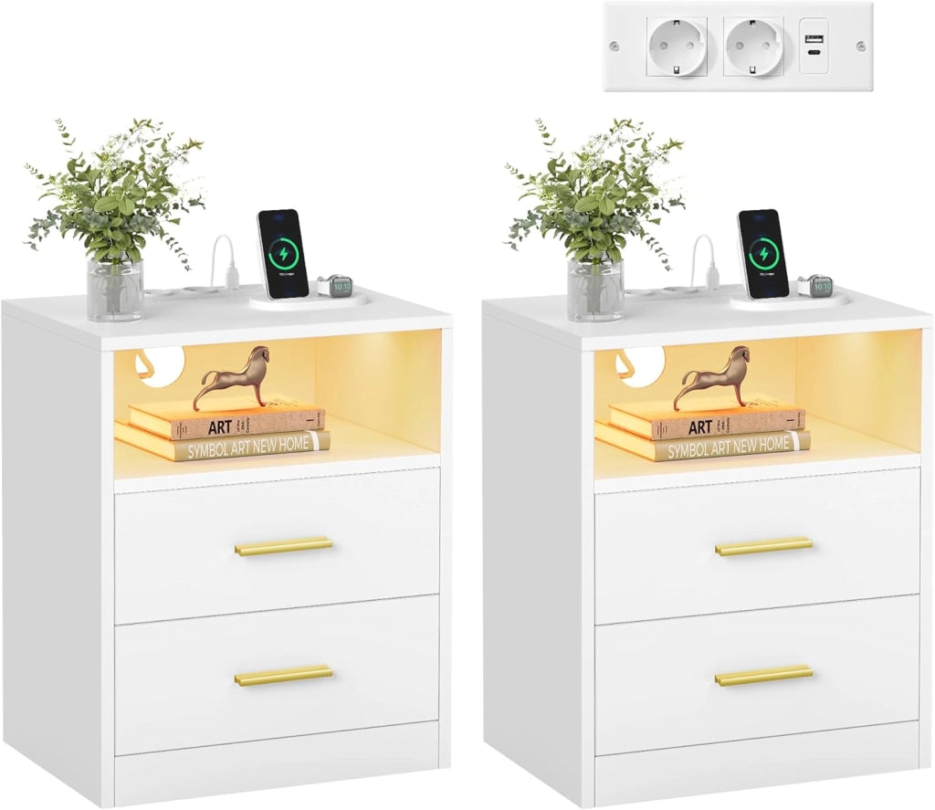 VASAGLE CUSTOS Collezione - Set di 2 Comodini con Stazione di Ricarica, Luce LED, Tavolini Moderni con Cassetti, Ripiano Aperto, 2 Prese AC e Porte USB, Bianco Nuvola LET829WB01