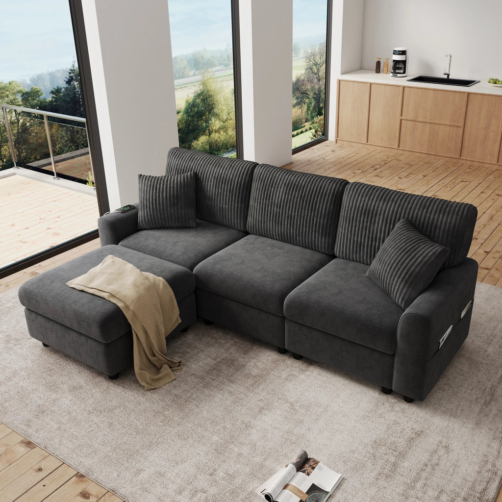 Divano in ciniglia e velluto a coste grigio con pouf mobile cuscini e porte USB e Type-C 84 × 223 × 146 cm