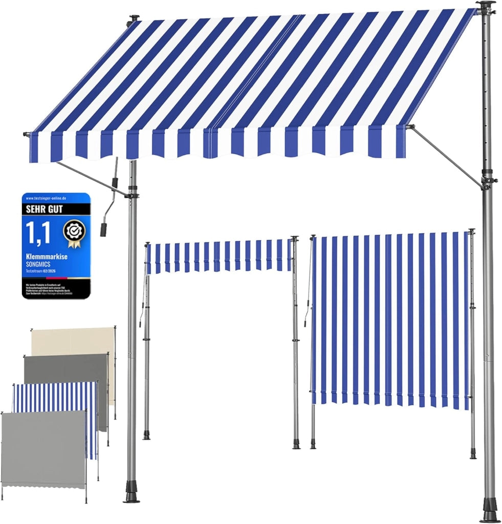 SONGMICS Tenda da Sole Avvolgibile, Tendalino Parasole Retrattile Manuale, Regolabile in Altezza con Manovella per Balcone Giardino Patio, 300 x 120 cm, Beige GSA302M01
