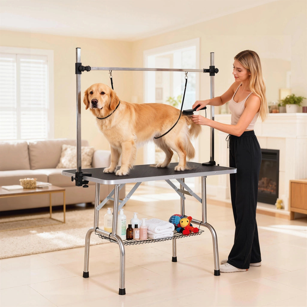 Tavolo da toeletta per cani pieghevole regolabile in acciaio inox ¨C zephmum ¨C nero 107x60x164 cm