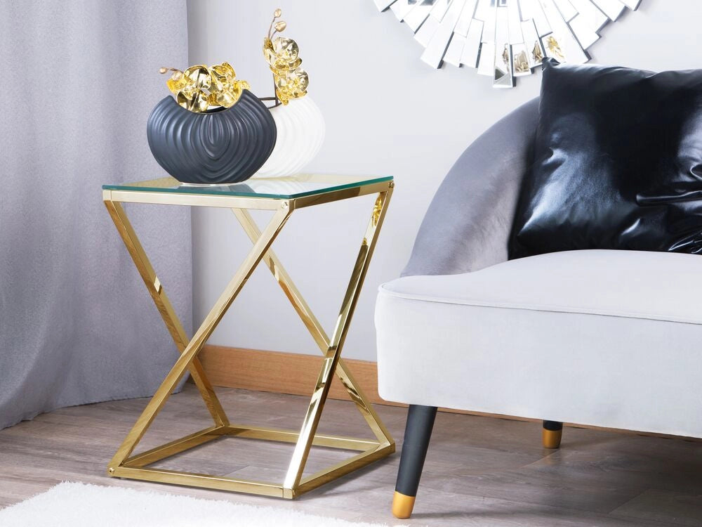 Tavolino dorato Struttura In Acciaio Vetro Piano Quadrato Geometrico Glam Design