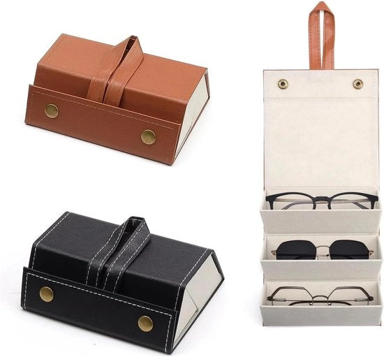 Set di Supporti per Occhiali in Pelle - Set di 2 - Occhiali da Sole Opportuni - Custodia per Occhiali e Orologi - Nero/Tan - Unico Modello