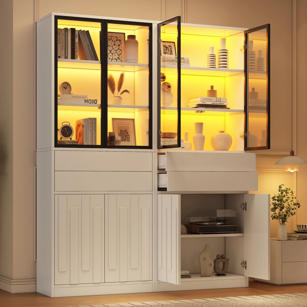 Set di 2 vetrine con LED Bluetooth; 4 ante in vetro e 2 cassetti; truciolare bianco