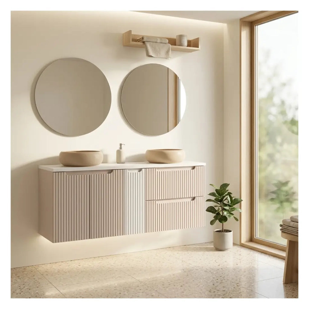Insieme VANO cashmere e bianco 140cm : mobili sotto lavabo con cassetti e armadietti + lavabi da appoggio marrone cappuccino