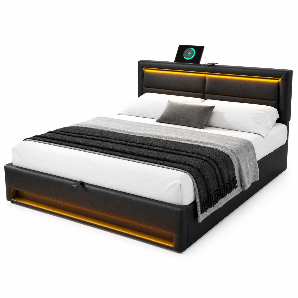 Letto imbottito 140 x 200 cm con USB, LED, contenitore, struttura a doghe, PU nero