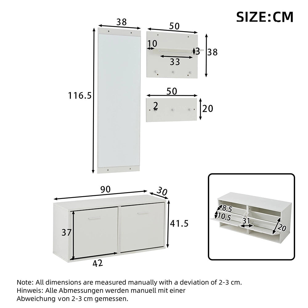 Set vestiario 4 pezzi con specchio - Xylo - 2 porta cappelli, armadio scarpe, 6 ganci, 90x30x41.5 cm, bianco