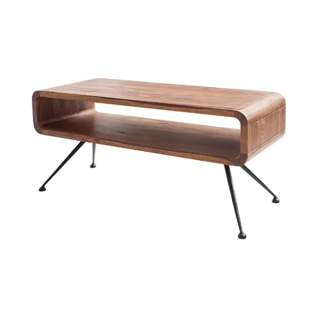 Tavolino basso RETROVA 100 cm in legno di Sheesham verniciato con gambe in metallo nero e spazio di stoccaggio