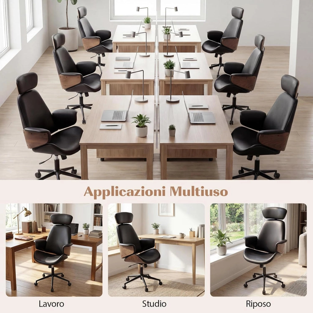 Sedia da Ufficio Ergonomica con Poggiatesta, Sedia Scrivania Imbottita con Altezza Regolabile e Schienale Inclinabile, Poltrona Computer con Braccioli e 5 Ruote Girevoli, Portata 110 kg