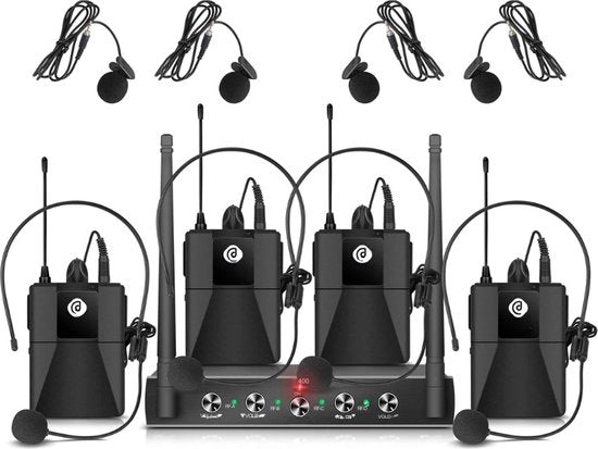 Sistema di Microfono UHF a 4 Canali a Trasmissione Senza Fili con Caschi Lavalier Senza Fili e Microfoni a Mano per Corpo con Ricevitore Metallico Ideale per Karaoke e Feste di Chiesa con 4 Bodypacks B