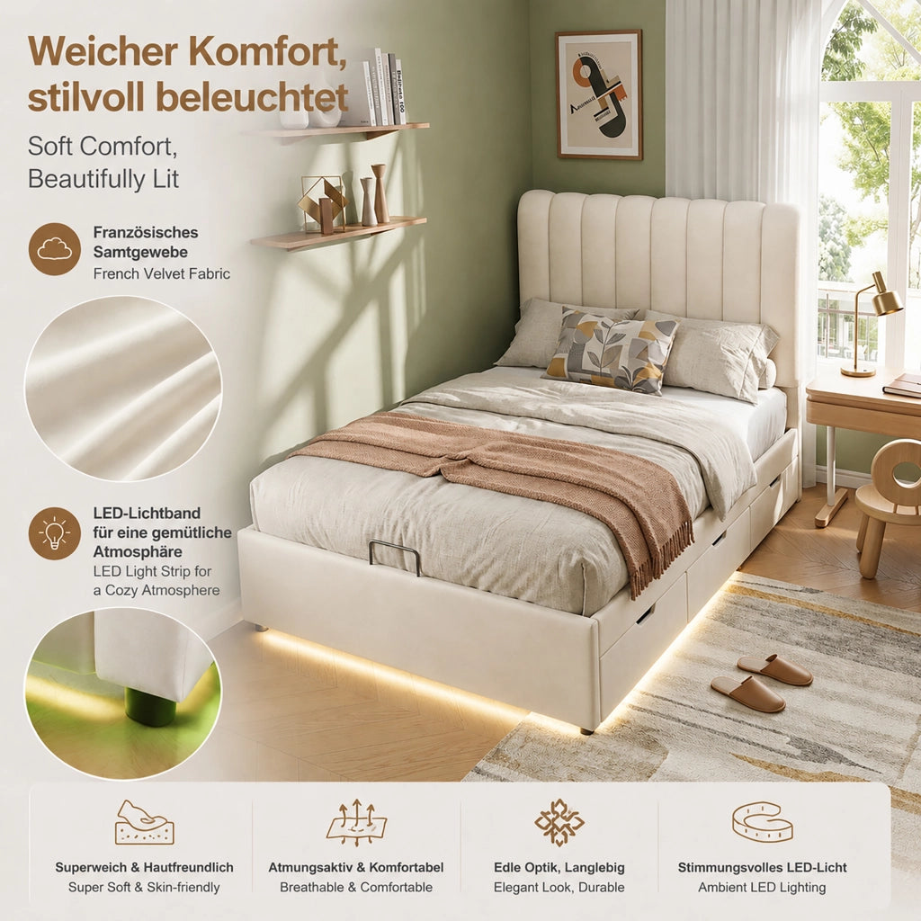 Letto per bambini contenitore 90 × 200 cm con 3 cassetti, LED, senza materasso, in velluto, beige