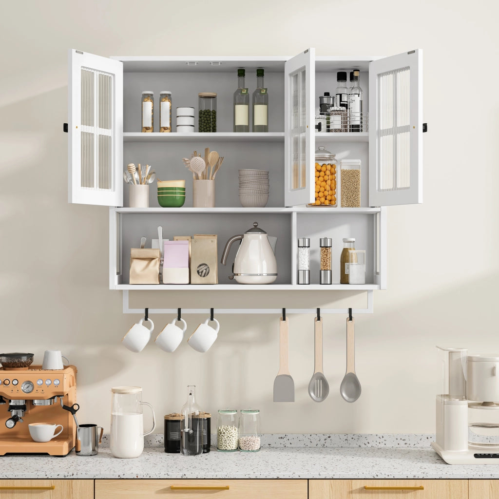 OKWISH Armadietto Bagno Sospeso con 3 Ante, 1 Vano Aperto e Portasciugamani, 88 x 26 x 82.5 cm
