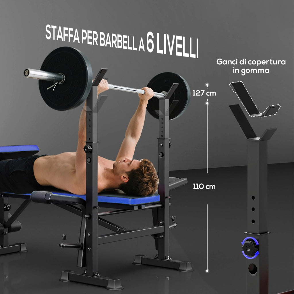 Panca Palestra Pesi Multifunzione 6 in 1 Schienale Regolabile Nero e Blu