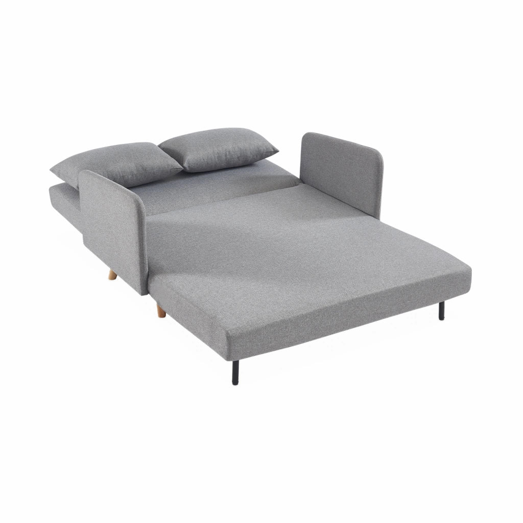 Divano letto clic-clac in tessuto con gambe in legno, 2 posti, grigio