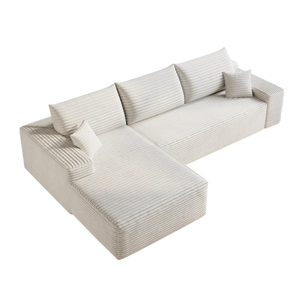 Divano angolare modulare con chaise longue in tessuto a righe, imbottitura in schiuma elastica, bianco 270 cm