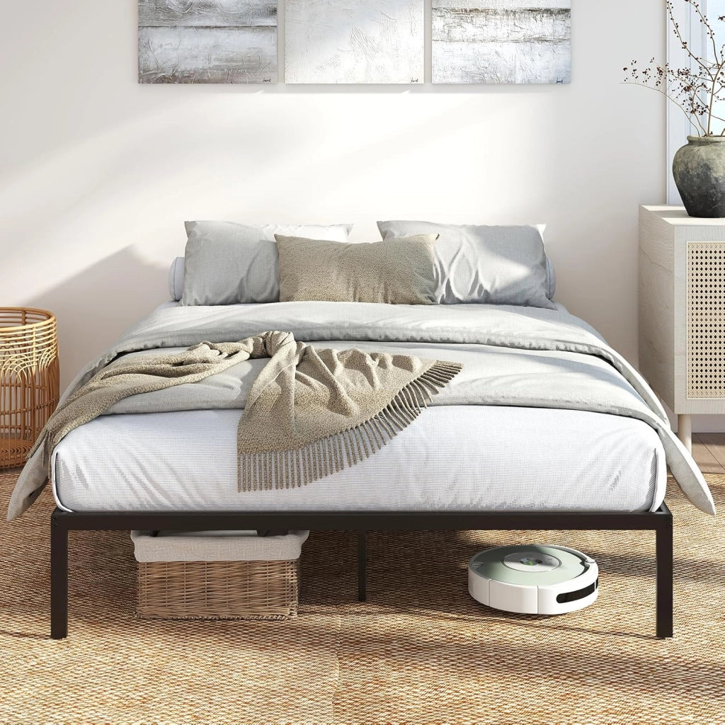 Telaio per letto 140 x 200 cm, letto piattaforma in metallo con rete a doghe e 9 gambe di supporto, spazio di archiviazione, montaggio facile, nero