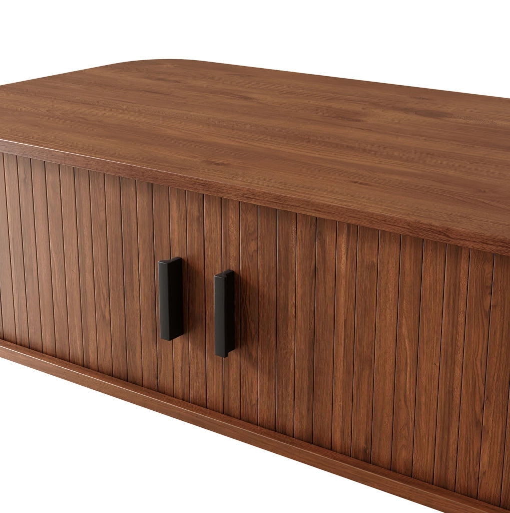 Tavolino da salotto 120x55x45 cm con ante scorrevoli; vano contenitore; MDF e pannello truciolare; noce