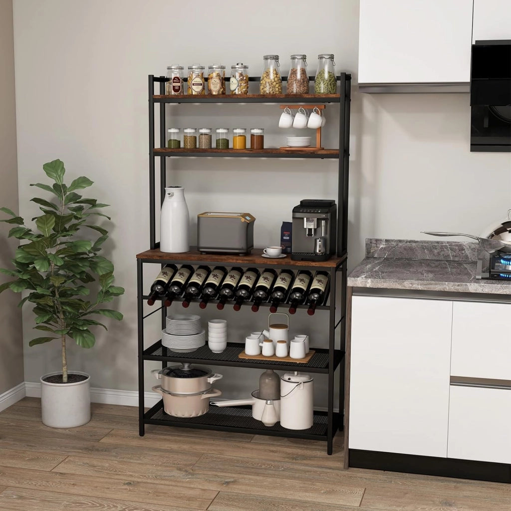 Scaffale portaoggetti industriale a 6 livelli, mobile da cucina con porta bottiglia di vino, dispositivo anti-ribaltamento, supporto per microonde per soggiorno, cucina, sala da pranzo