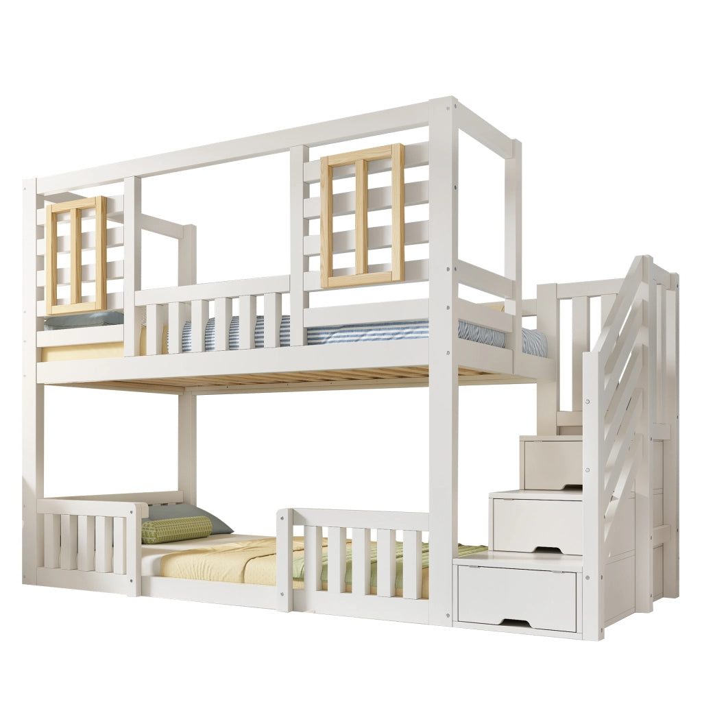 Letto a castello per bambini 90 × 200 cm con scala contenitore e finestre, senza materasso, in legno, bianco