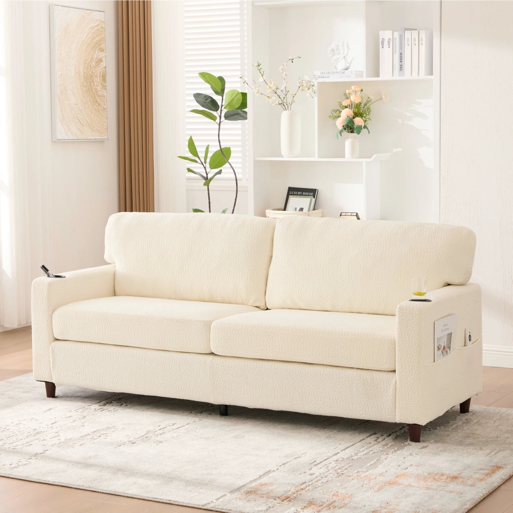 DIVANO 2 posti 203 cm Chenille beige con USB-C, LED, tasche e portabicchieri