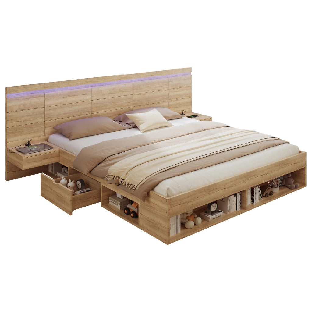 Letto matrimoniale 180x200 cm con contenitore, testiera LED, prese USB e USB-C, 2 comodini, MDF naturale