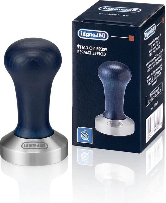 Tamponatore per caffè in acciaio inox con maniglia in legno blu argento - accessori per barista di alta qualità