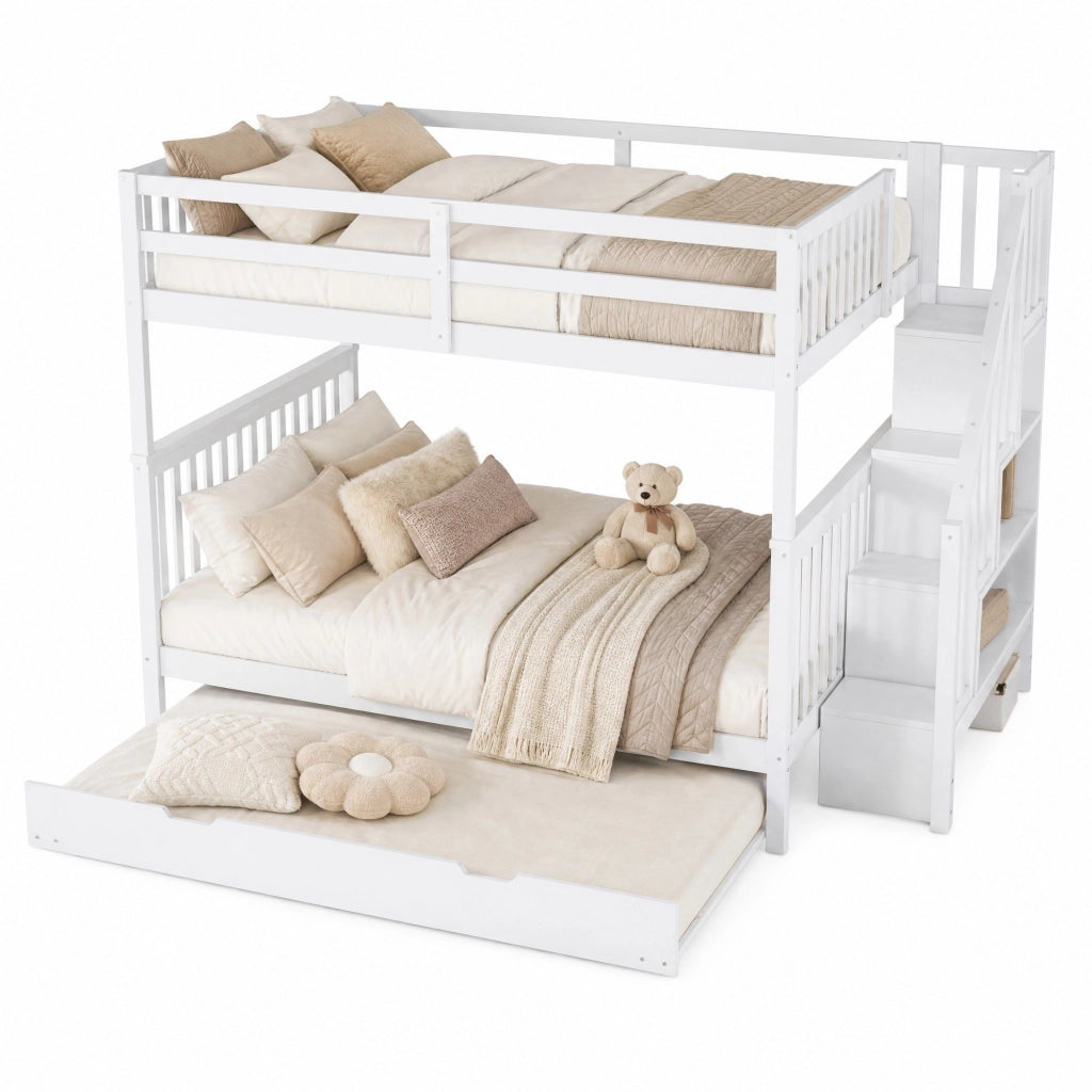 Letto a castello 140x200 cm con letto estraibile e scala con ripiani; bianco; in pino e MDF