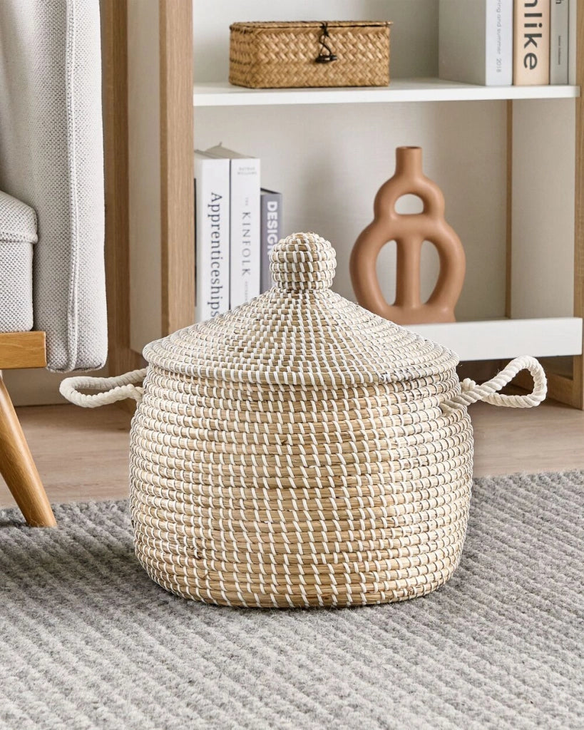 Cestino in seagrass naturale con manici, coperchio, intrecciato a mano, per la casa, per lo stoccaggio di accessori in stile boho.