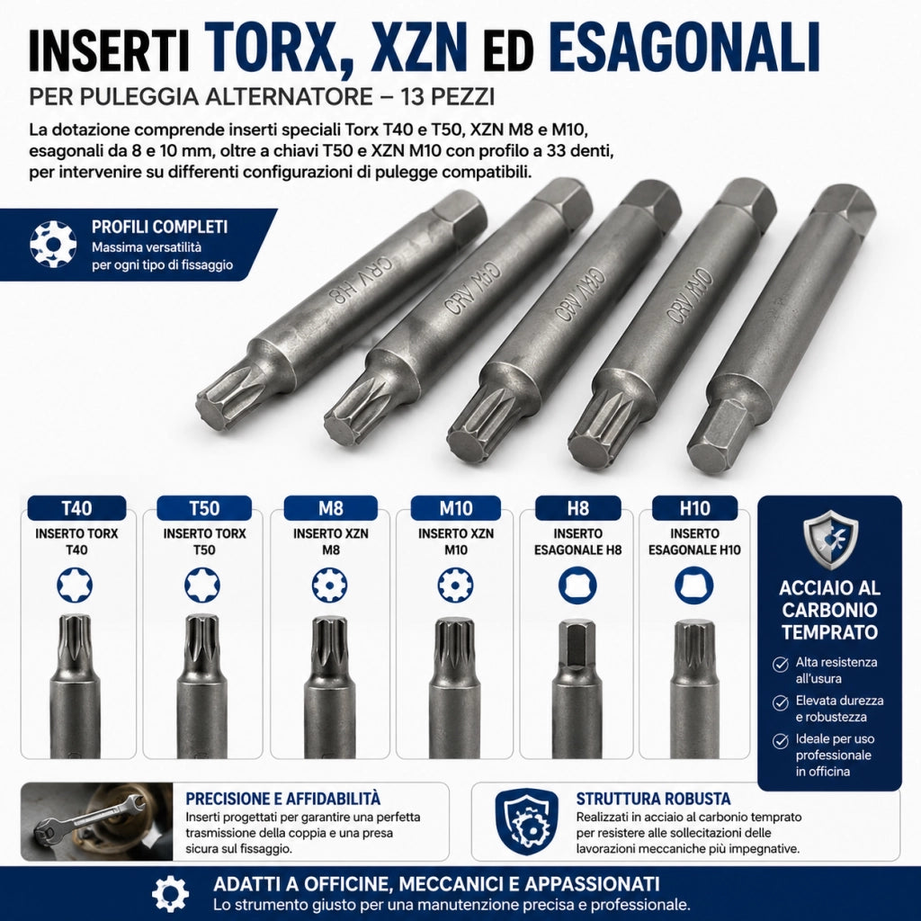 Set 13 Attrezzi Puleggia Alternatore Bussole Torx XZN Valigetta 07063