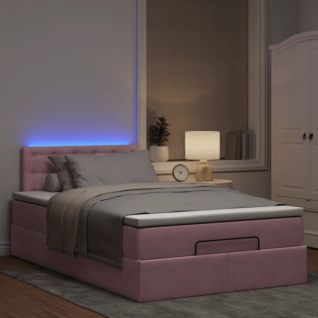 Pouf Letto con Materasso e LED Rosa 120x190cm in Velluto