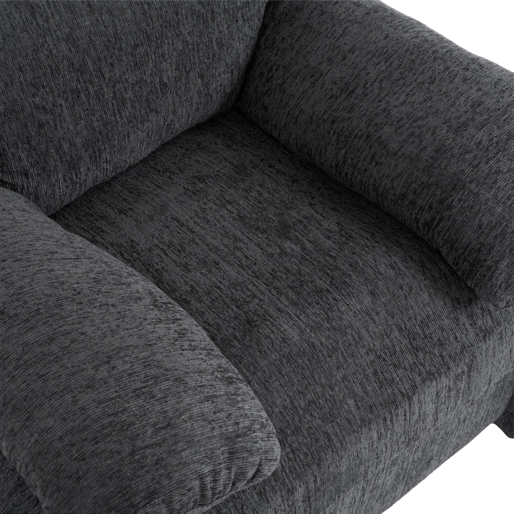 Poltrona singola in tessuto Chenille grigio, seduta ampia con struttura in legno e ferro, 96x82x84 cm