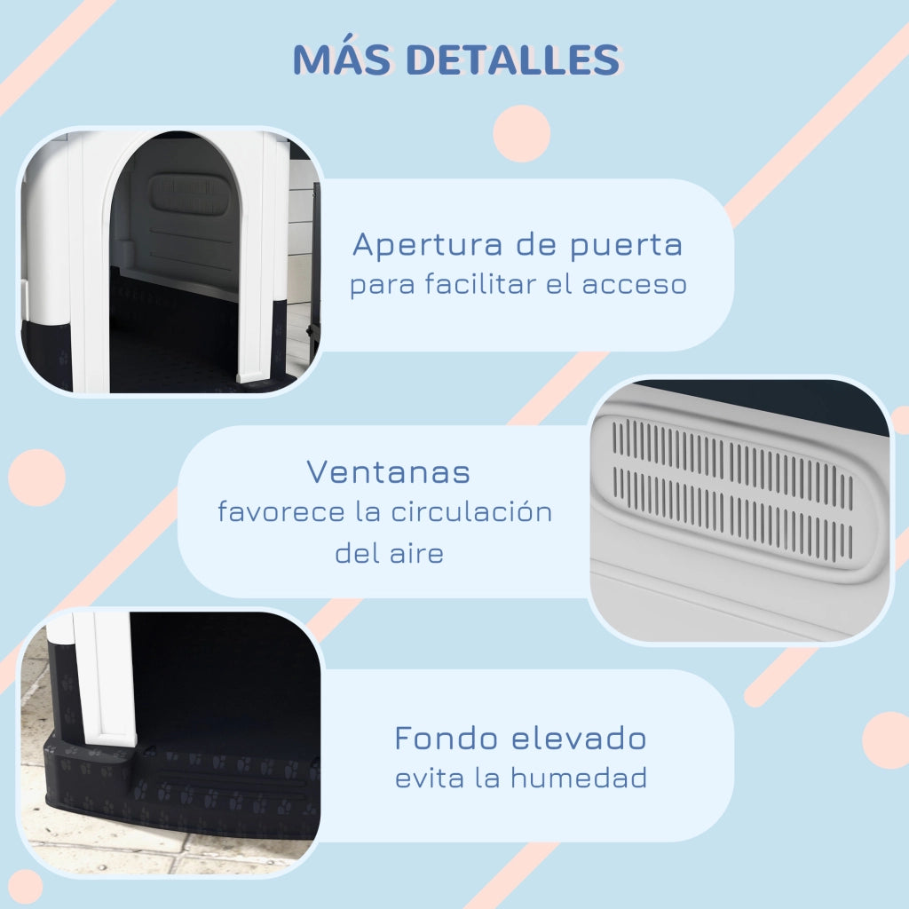 Casetta per Cani Mini Esterna Plastica Base Elevata Tetto Inclinato 3 Finestre ¨C zephmum ¨C 64.5x57x66 cm Grigio Scuro