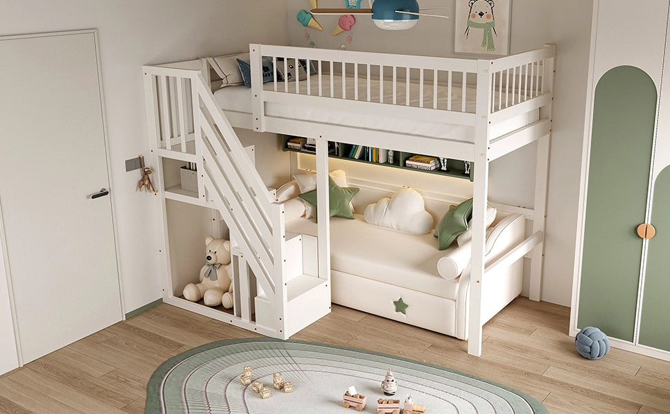 DESMIU Letto a soppalco 1 posto con scala contenitore e barriera, 90 × 200 cm, senza materasso, bianco