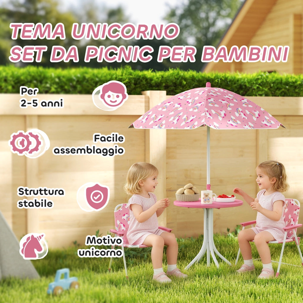 Set Tavolo da Picnic per Bambini con Sedie e Ombrellone Rosa Pratico e Resistente per Giardino