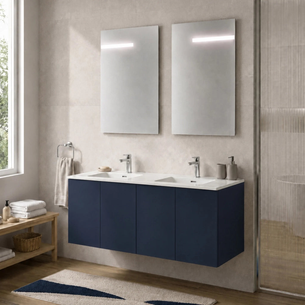 Mobile bagno sospeso 120 cm blu quattro ante e doppia vasca Tierra