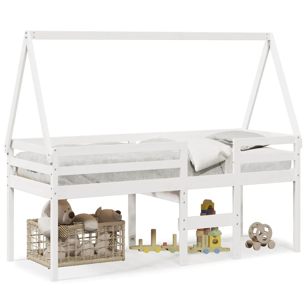 Letto singolo | Letto per adulti | Letto a Soppalco con Tetto Bianco 90x200 cm in Legno di Pino