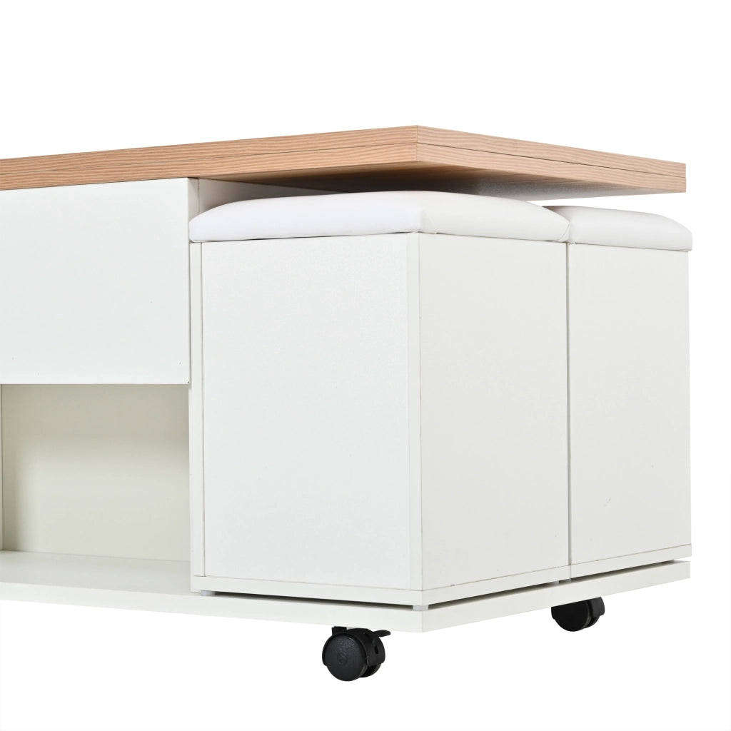 Tavolino da salotto regolabile in altezza 2 in 1 con contenitore, piano sollevabile, ruote e 4 sgabelli, bianco e legno naturale