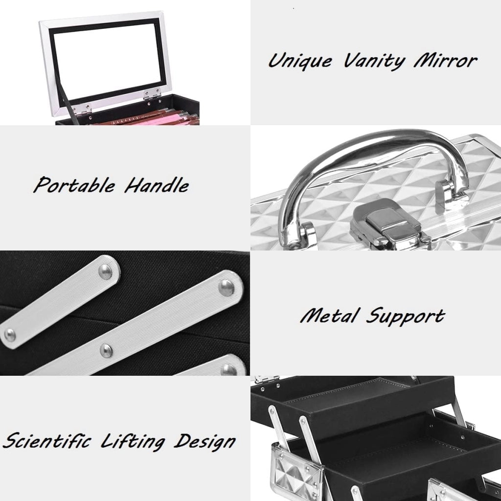 Valigetta per Cosmetici, Scatola Trucchi Professionale, Valigetta per Trucchi, con Specchio, Beauty Case, Pieghevole e Portatile, 23 x 15 x 18 cm