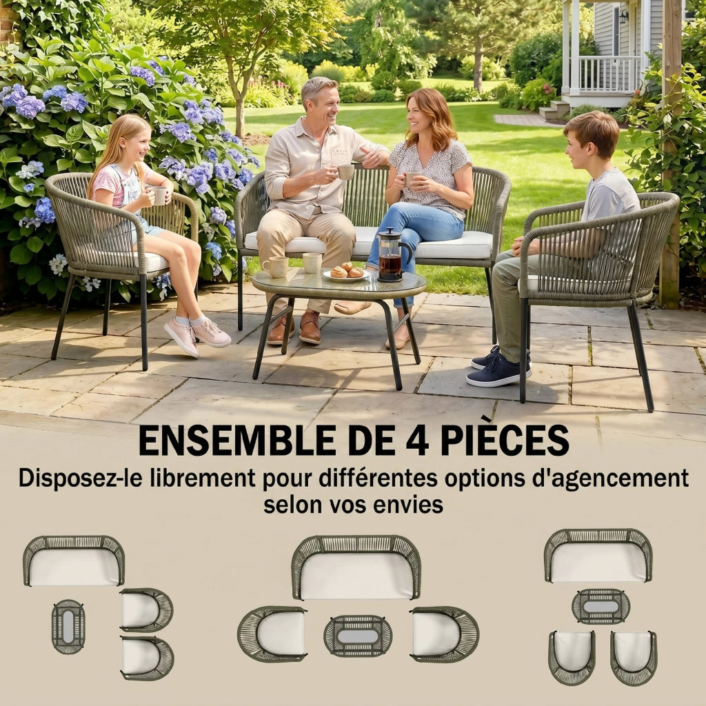 Set Giardino 4 Posti ¨C Zephmum ¨C Divano 2 Posti, 2 Poltrone e Tavolino in Vetro Temperato, Tondi in Polipropilene Intrecciato, Colore Crema