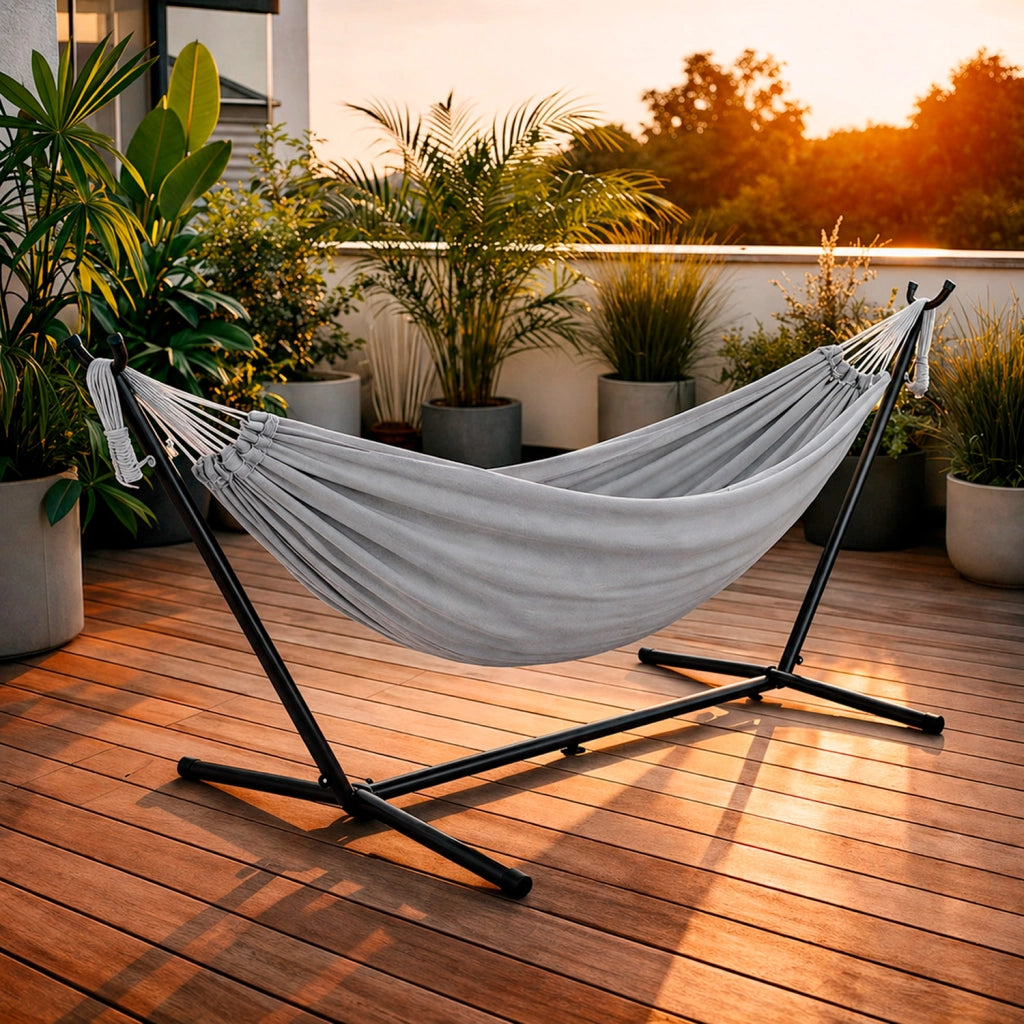 Amaca Brasiliana Con Supporto In Acciaio Altezza Regolabile Telo Cotone Da Esterno Per Giardino Balcone Piscina Grigio