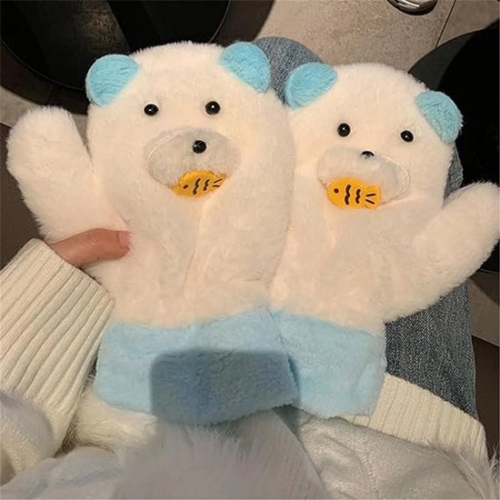 Manopole in Plush con Forma di Mani di Ragazza con Capelli e Vestiti, Bianchi e Blu, per Bambini