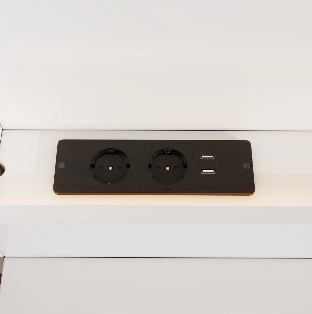 Letto matrimoniale 180x200 cm con LED; USB; presa; 2 comodini e 2 cassetti in MDF bianco