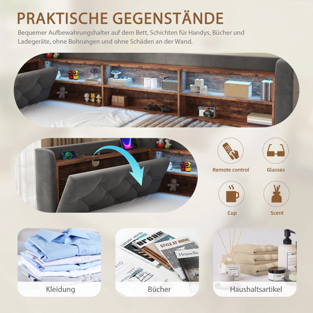 DIVANO LETTO Estraibile 90x190 cm Velluto Grigio Scuro con LED, USB e Type-C