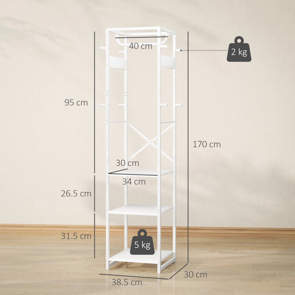 Appendiabiti da Terra 38,5x30x170 cm con Asta e 2 Ripiani Aperti in Legno e Acciaio Bianco