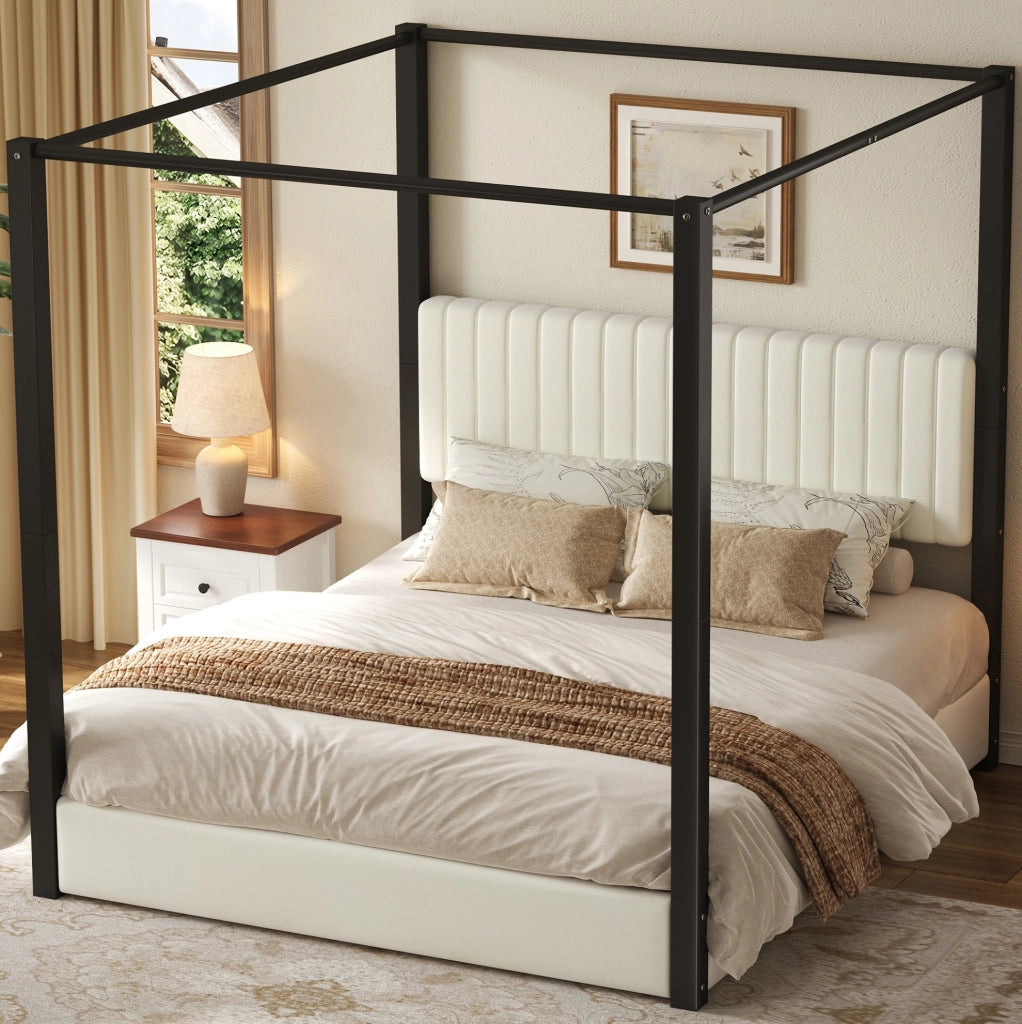 Letto a baldacchino 180x200 cm con testiera in velluto MDF e metallo beige e nero