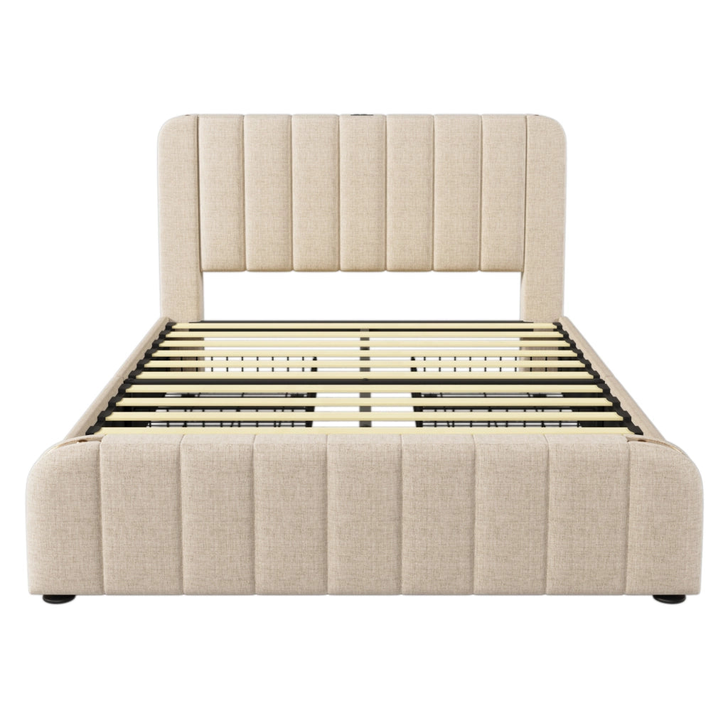 Letto matrimoniale 140x190 cm; testiera con ricarica USB e Type-C; lino e legno; beige (Senza materasso)