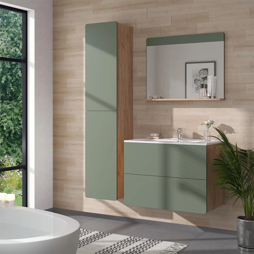 Set di mobili da bagno Izan, Goldkraft rovere/verde, 80 cm, composto da mobile sottolavabo con lavabo, armadio alto e specchio da bagno