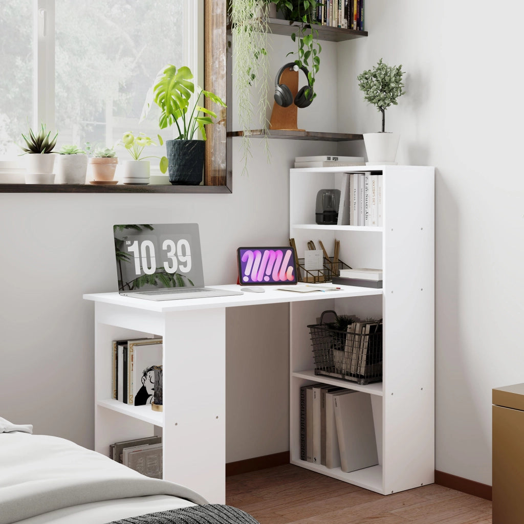 Scrivania lineare con 4 ripiani e 2 vani aperti per ufficio e home office, bianco, 120 × 55 × 120 cm