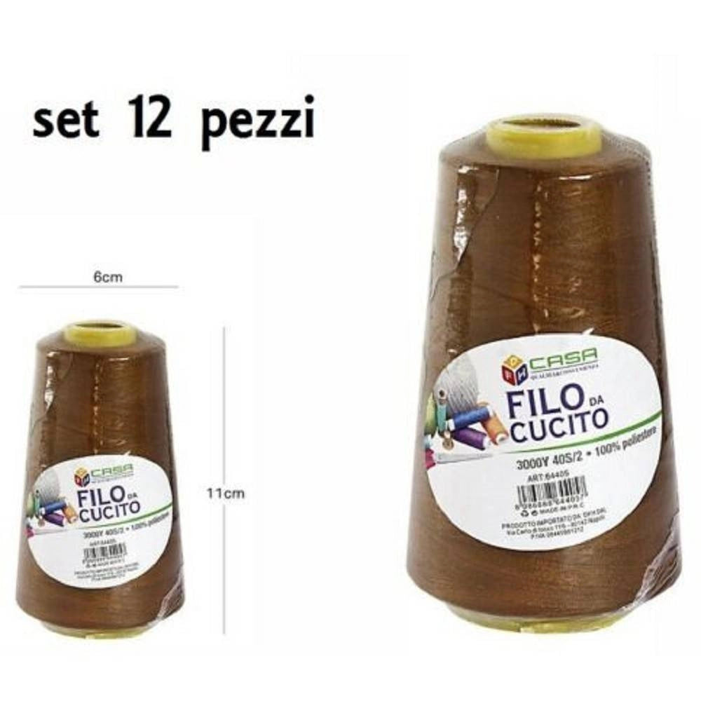 Trade Shop - Set 12 Pz Filati A Cono Filo Poliestere Cucito 3000y 40s/2 Marrone 64405 Cotone -