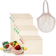 Set di 10 sacchetti di stoffa per verdura e frutta lavabili con cordoncino - Beige