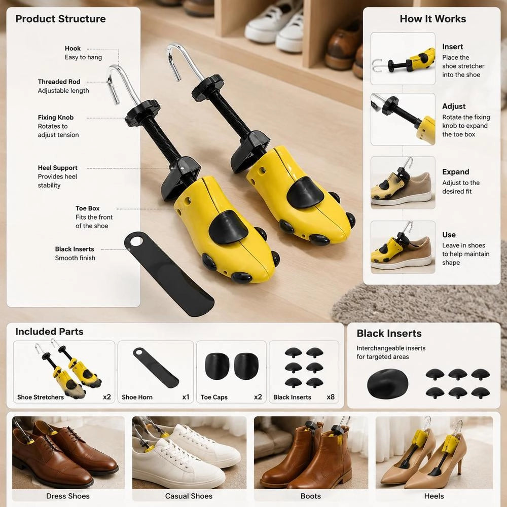Shoe Tree With Shoehorn, Yellow, EU Size 41-46, Plastic